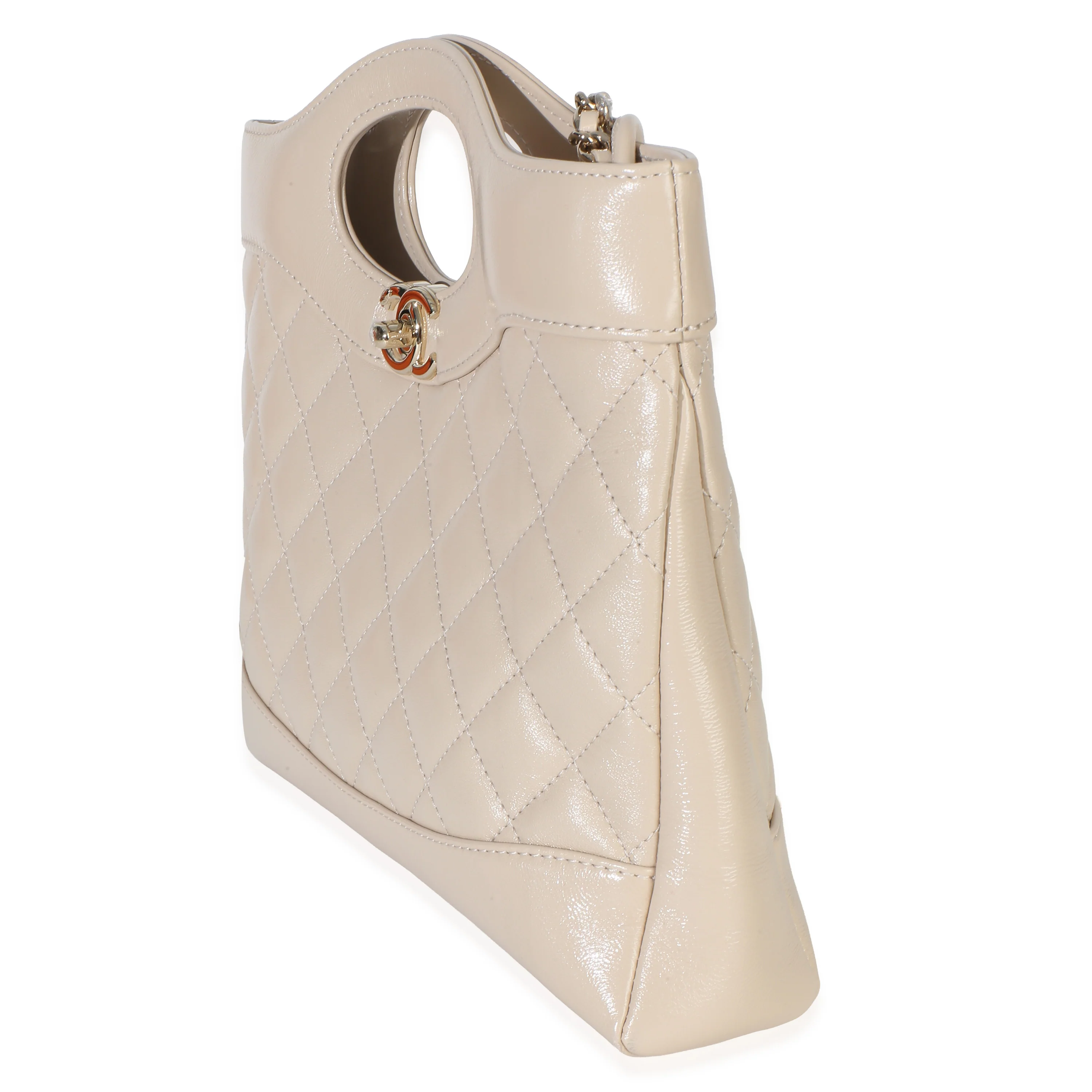 Beige Shiny Crumpled Quilted Calfskin Mini 31 Shopping Bag - Image 2