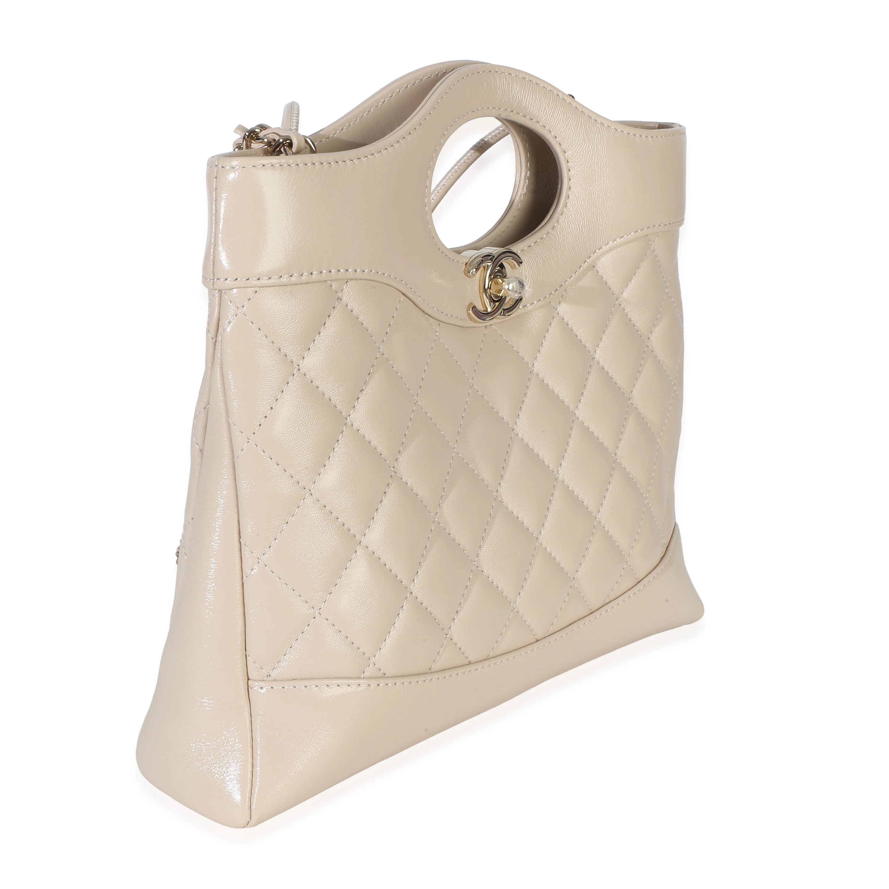 Beige Shiny Crumpled Quilted Calfskin Mini 31 Shopping Bag - Image 3