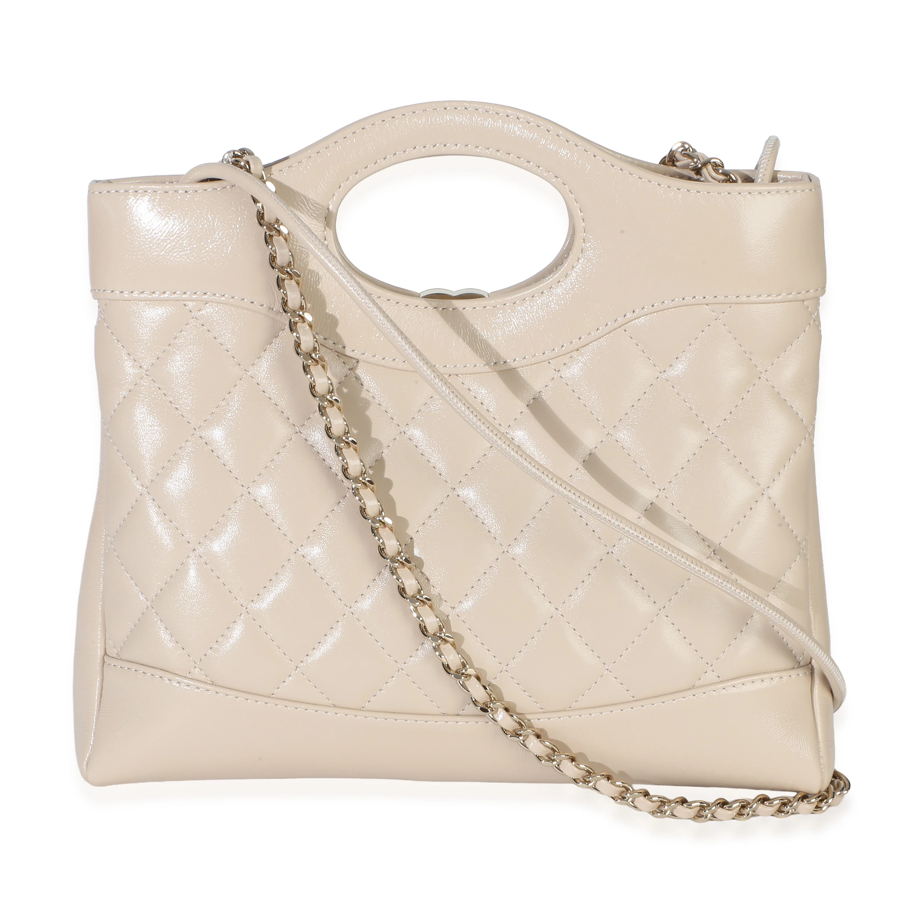 Beige Shiny Crumpled Quilted Calfskin Mini 31 Shopping Bag - Image 4