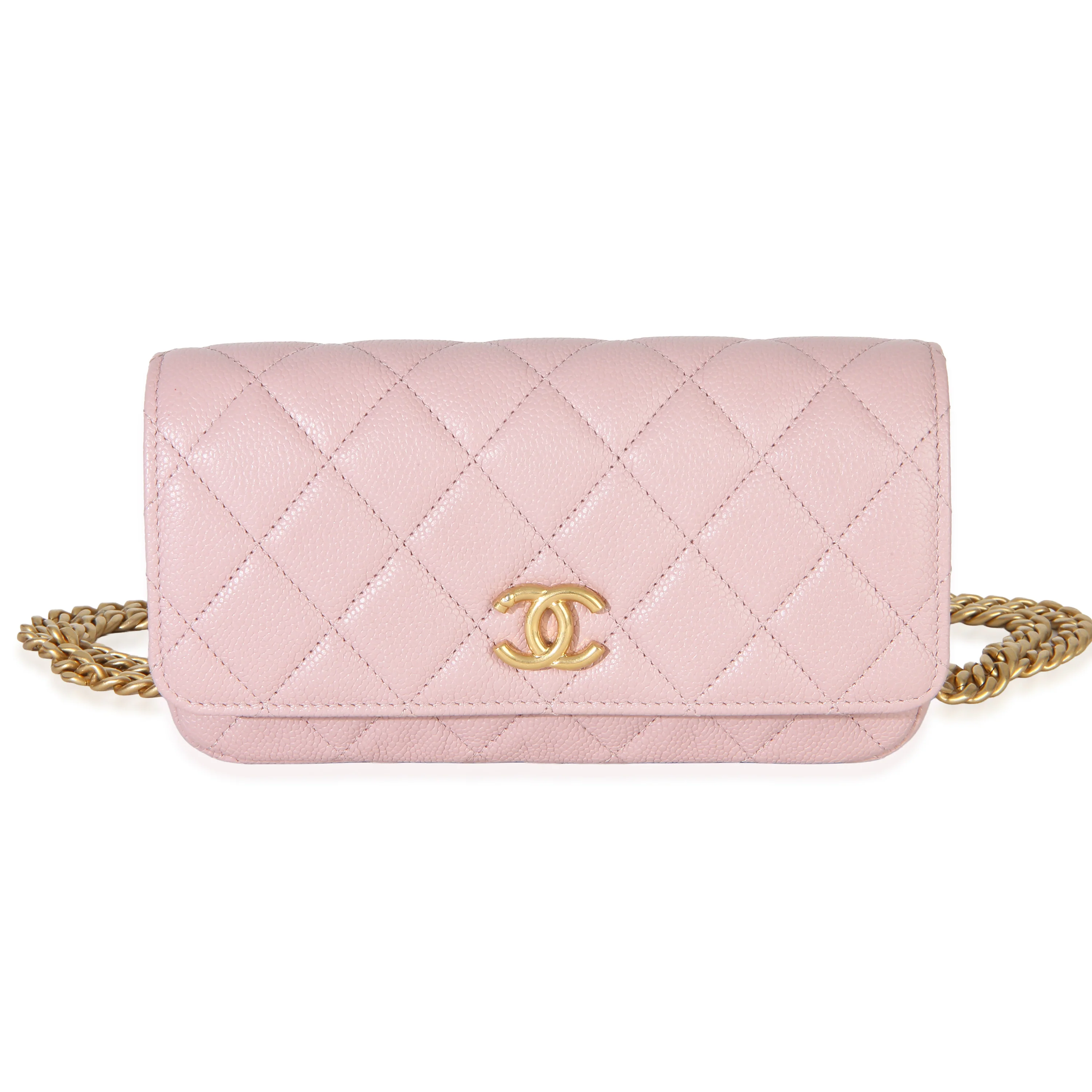 Light Pink Quilted Caviar Sweetheart Phone Holder With Chain Handbag