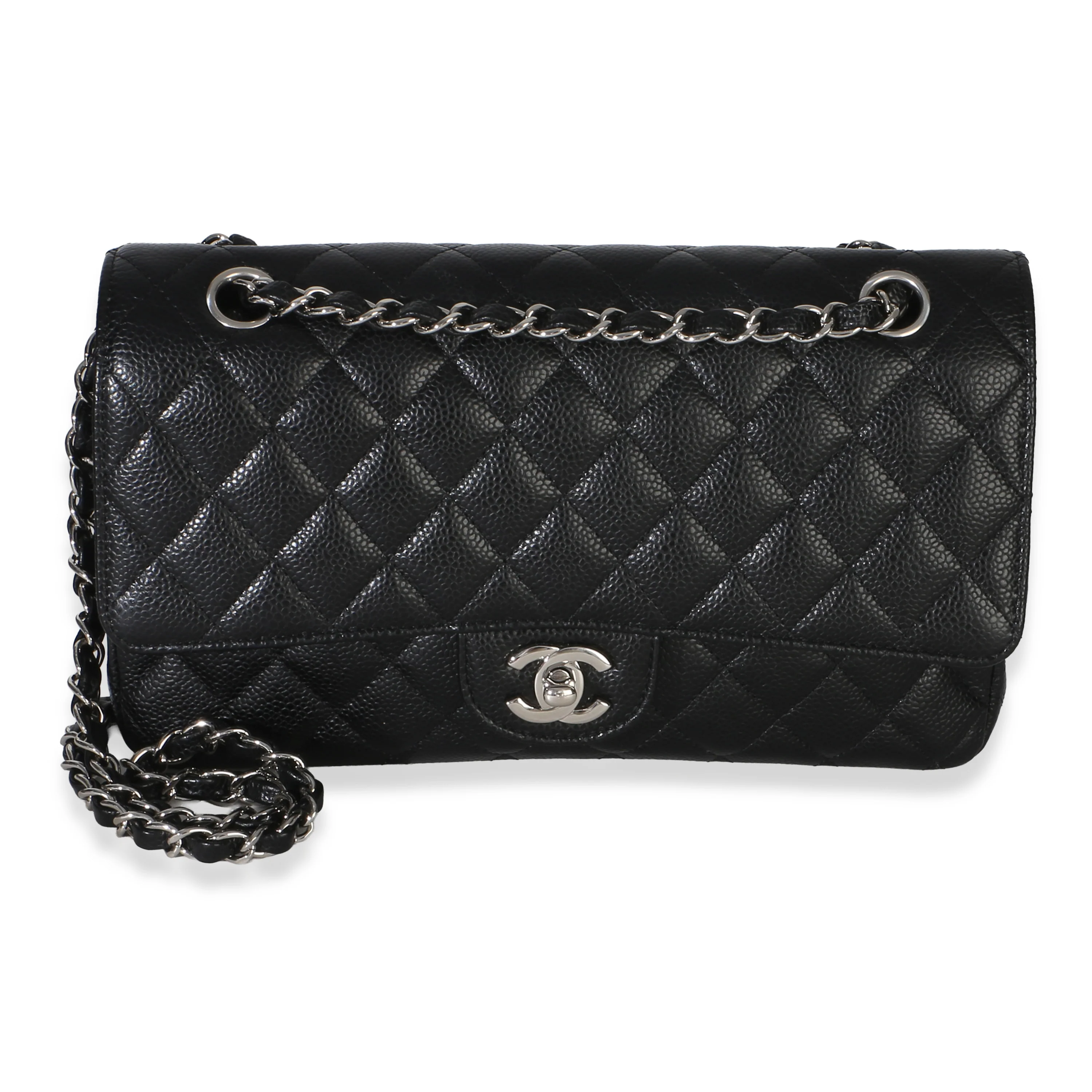 Black Quilted Caviar Medium Classic Double Flap Bag